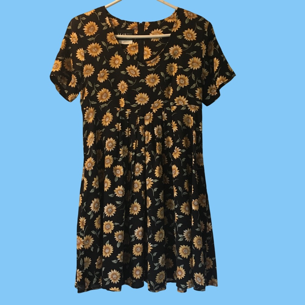 Vintage MsChoice California Sunflower Print Black Floral Mini Dress - Picture 3 of 15